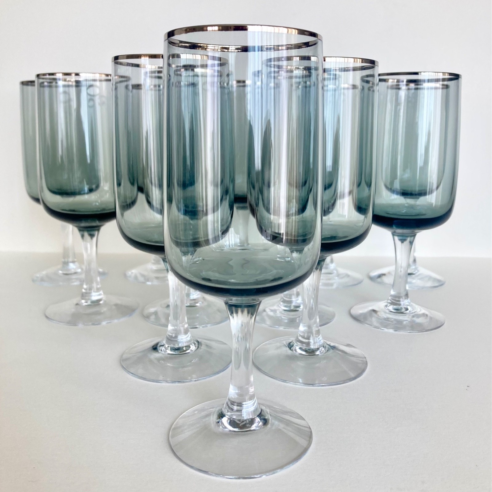 Set of 12 MCM Fostoria Cherish Smoke Gray Platinum Rim 6 1/8\