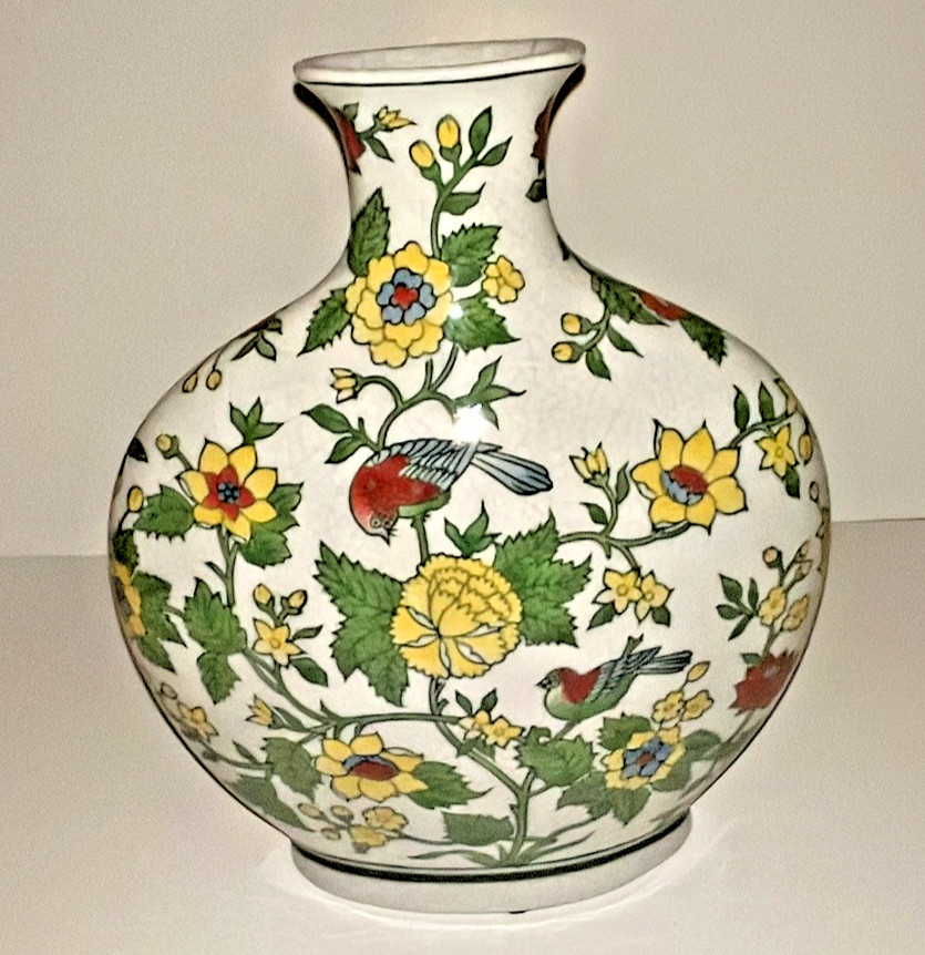 ASIAN ART CHINESE ROUND VASE CRACKLED GLAZE FLORAL/BIRDS – BEAUTIFUL HOME ACCENT