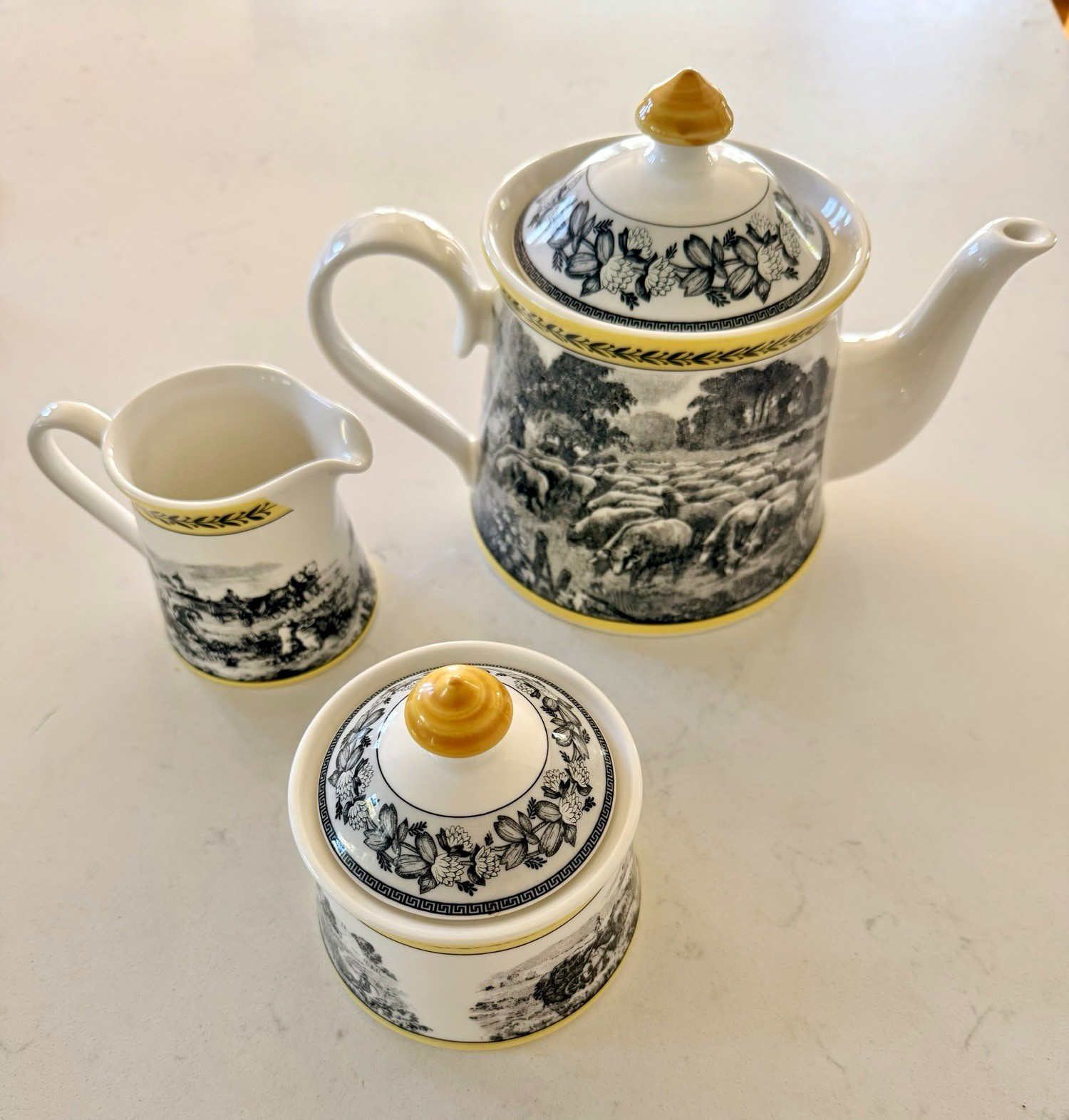 Villeroy & Boch Audun Ferme 4pc Fine China Tea Set: Teapot, Lid, Creamer, Sugar