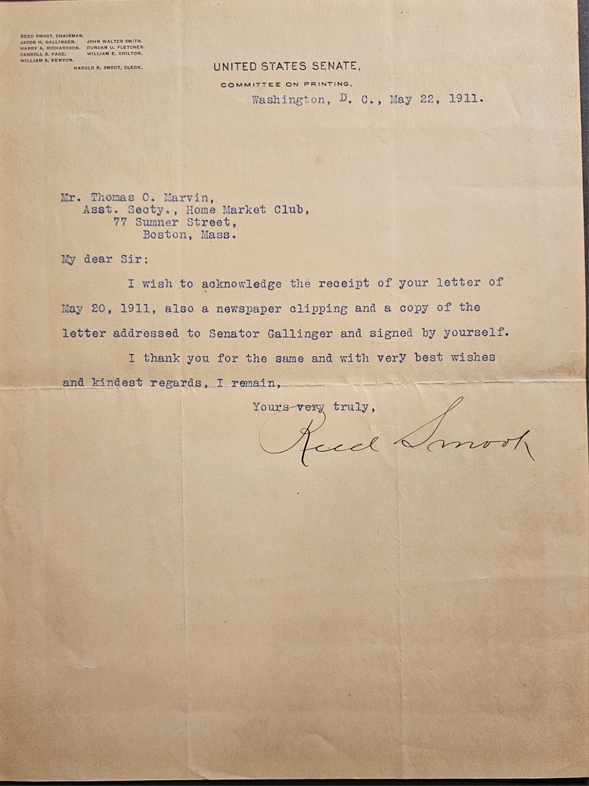 1911 Senator Reed Smoot Signed Letter + 1930s Obituary Clippings Tariff Act