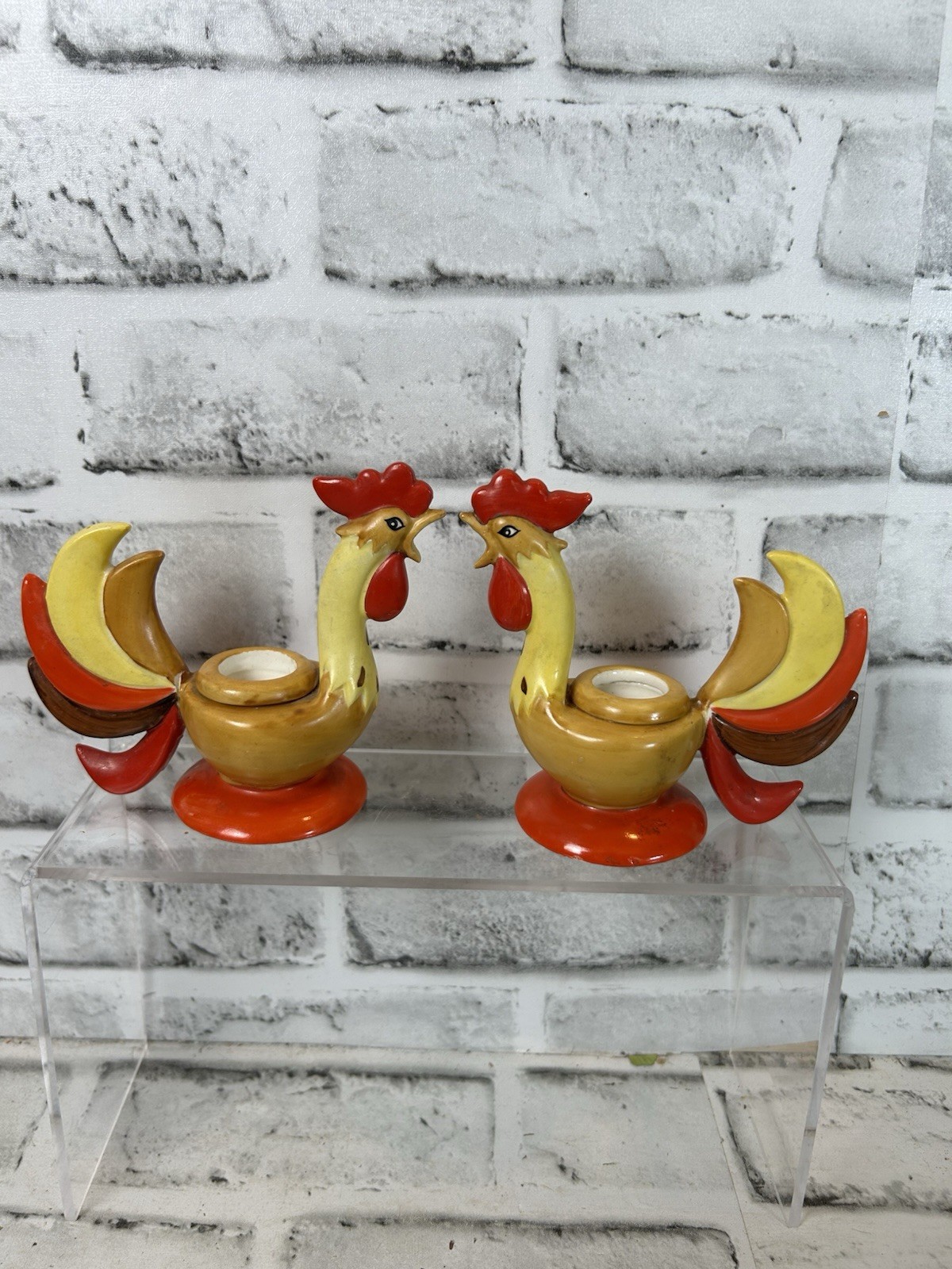 Vintage HOLT HOWARD Ceramic Rooster Candleholders, 1960, Japan, Repaired Vintage HOLT HOWARD Ceramic Rooster Candleholders, 1960, Japan, Repaired
