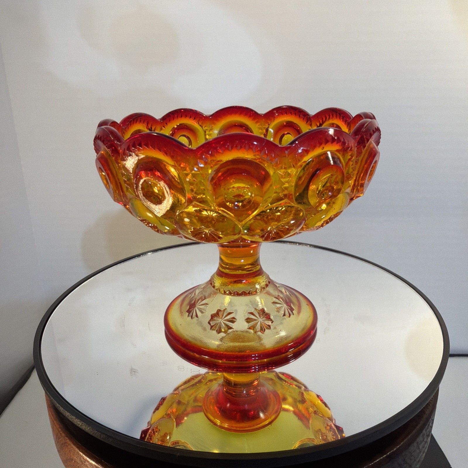 Vintage Amberina L E Smith Moon And Stars Pedestal Compote Candy Glass Dish
