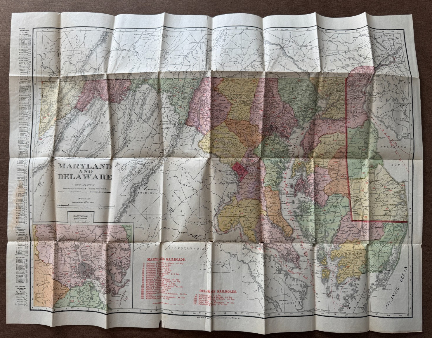 Vintage 1911 Rand McNally Maryland & Delaware RR Map Railroads Electric Lines