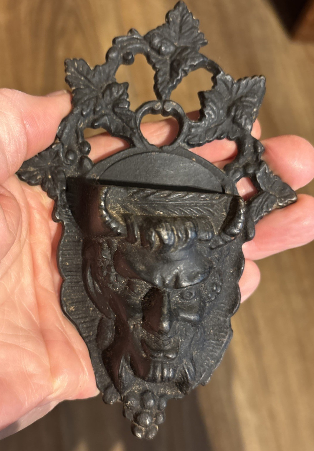 Antique Cast Metal Wall Mount Match Holder Demon Devil Face 6
