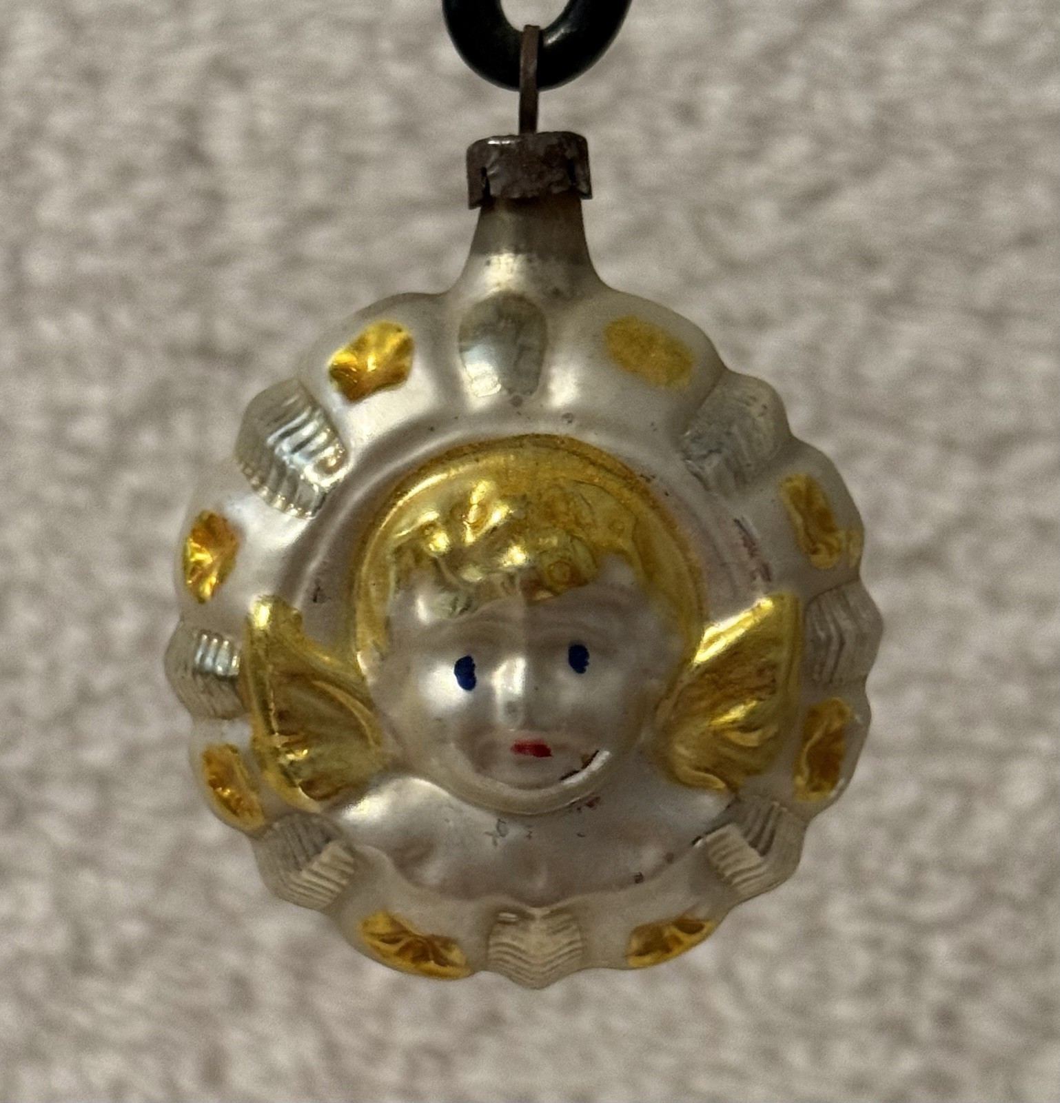 Antique Glass Double Sided Baby Jesus Embossed German Christmas Ornament 2.25”