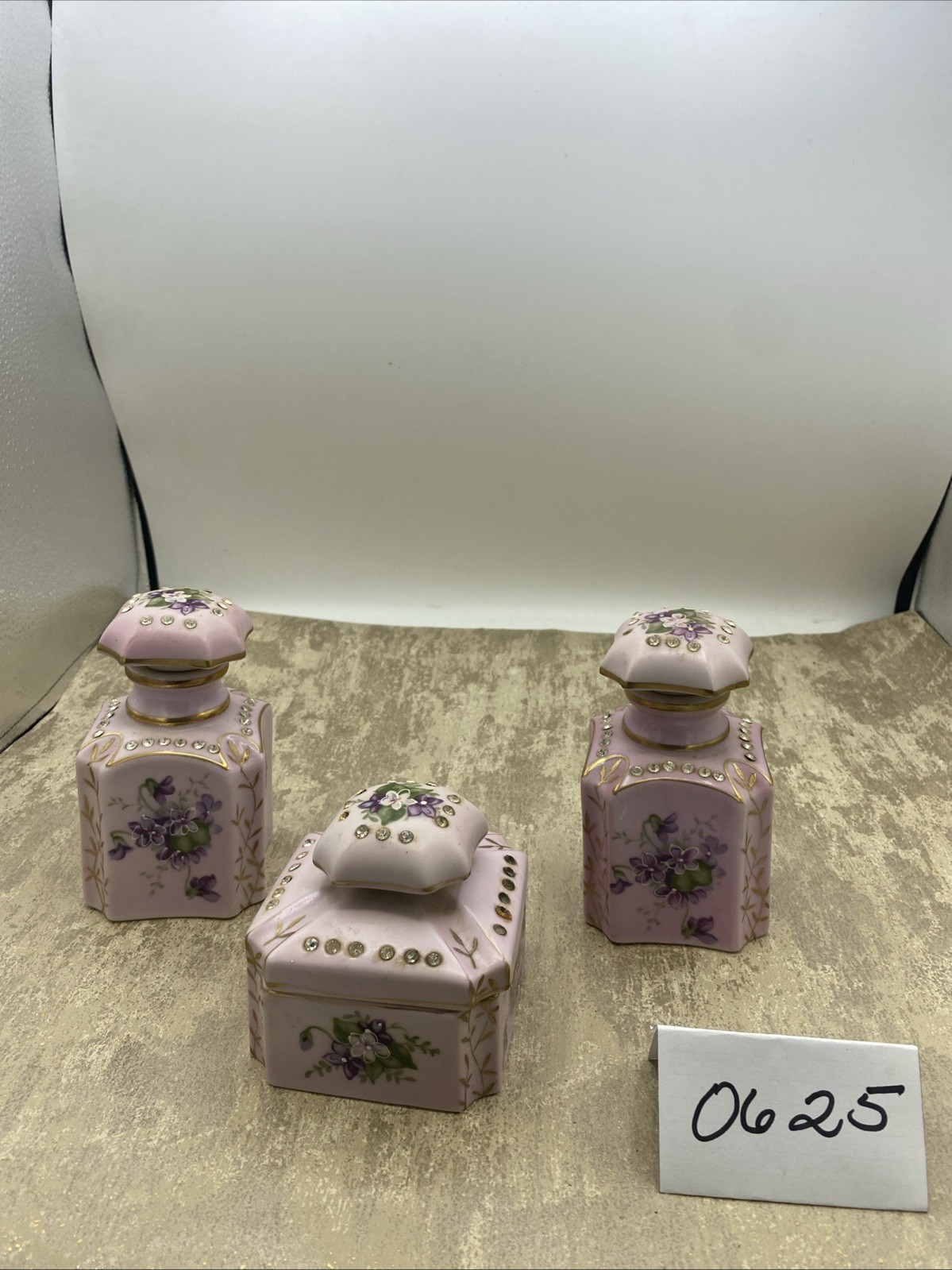 Beautiful 3 Piece Norcrest Fine China Lavender Floral Vanity Set W/Rhinestones