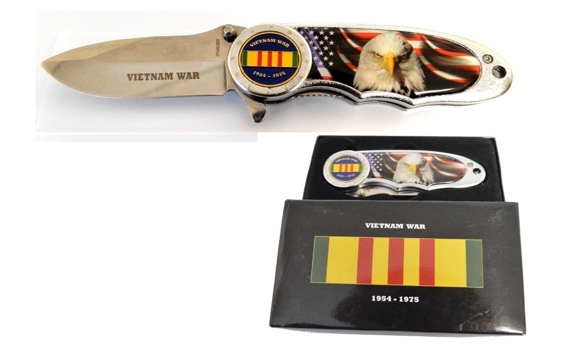 7.5'' Vietnam War Commemorative Pocket Knife with Bald Eagle & American Flag 
