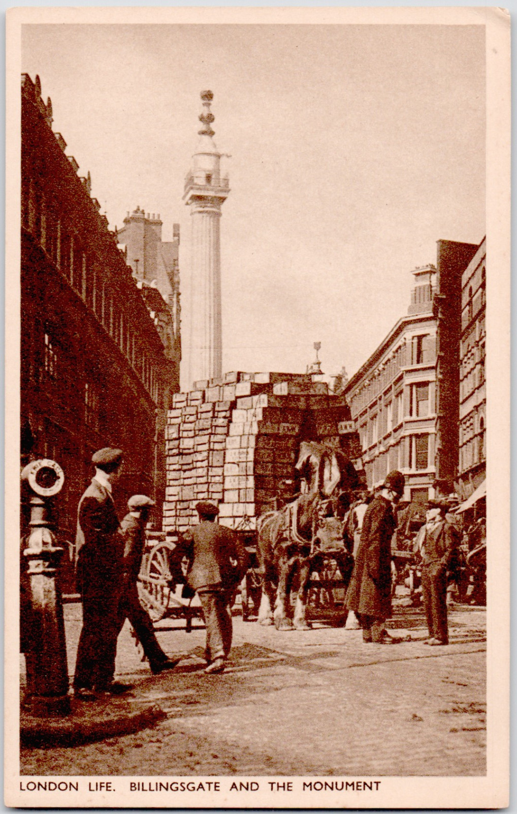 UK England London Billingsgate Market Monument Street Carts Crates 1910 Postcard