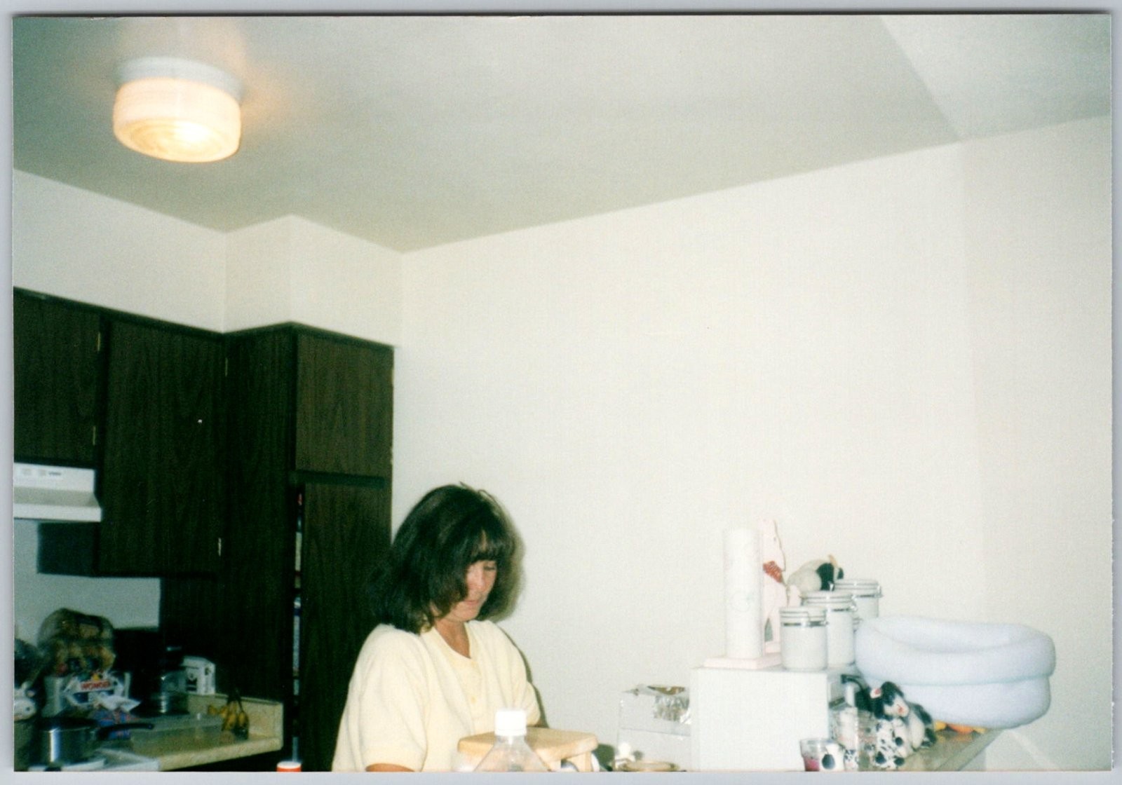 Vtg Color Snapshot Brunette Woman Yellow Shirt Kitchen Cabinets 1990s