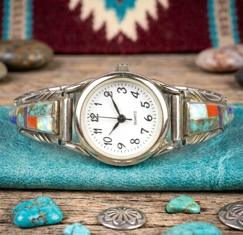 Navajo Watch Tips James Francisco Sterling Silver Turquoise Opal Inlay VTG JF Navajo Watch Tips James Francisco Sterling Silver Turquoise Opal Inlay VTG JF