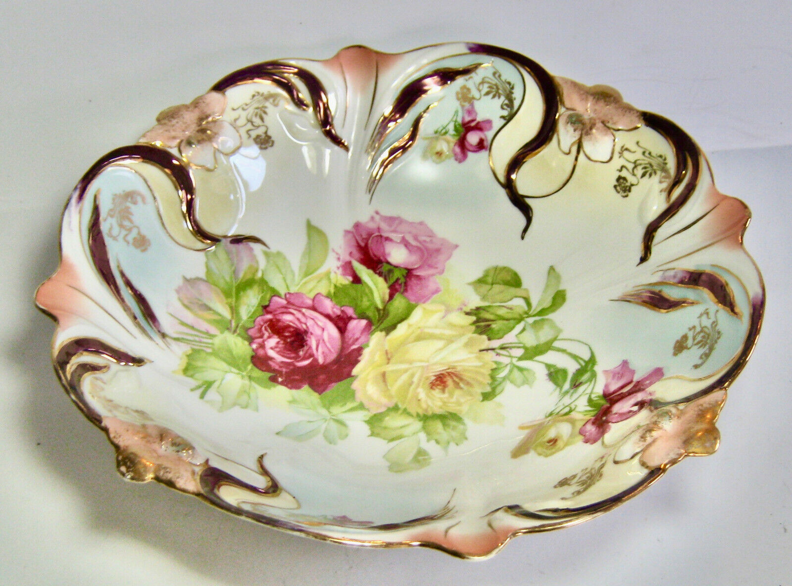 Vintage Handpainted Porcelain Bowl Roses Deep Pink, Yellow w Gold Trim Very Thin