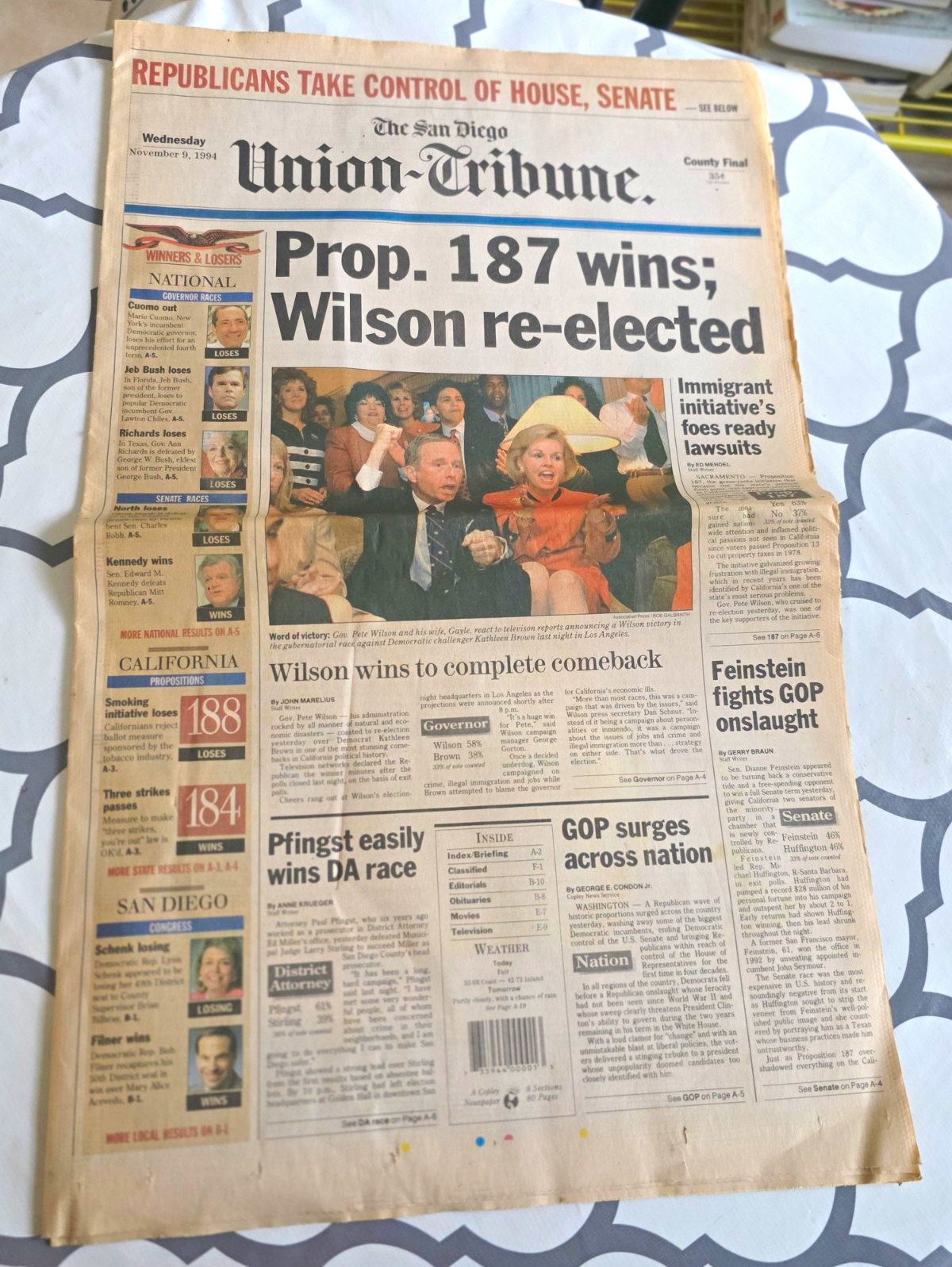 The San Diego Union-Tribune Front Page Newspaper Nov 9 1994 Prop. 187 wins
