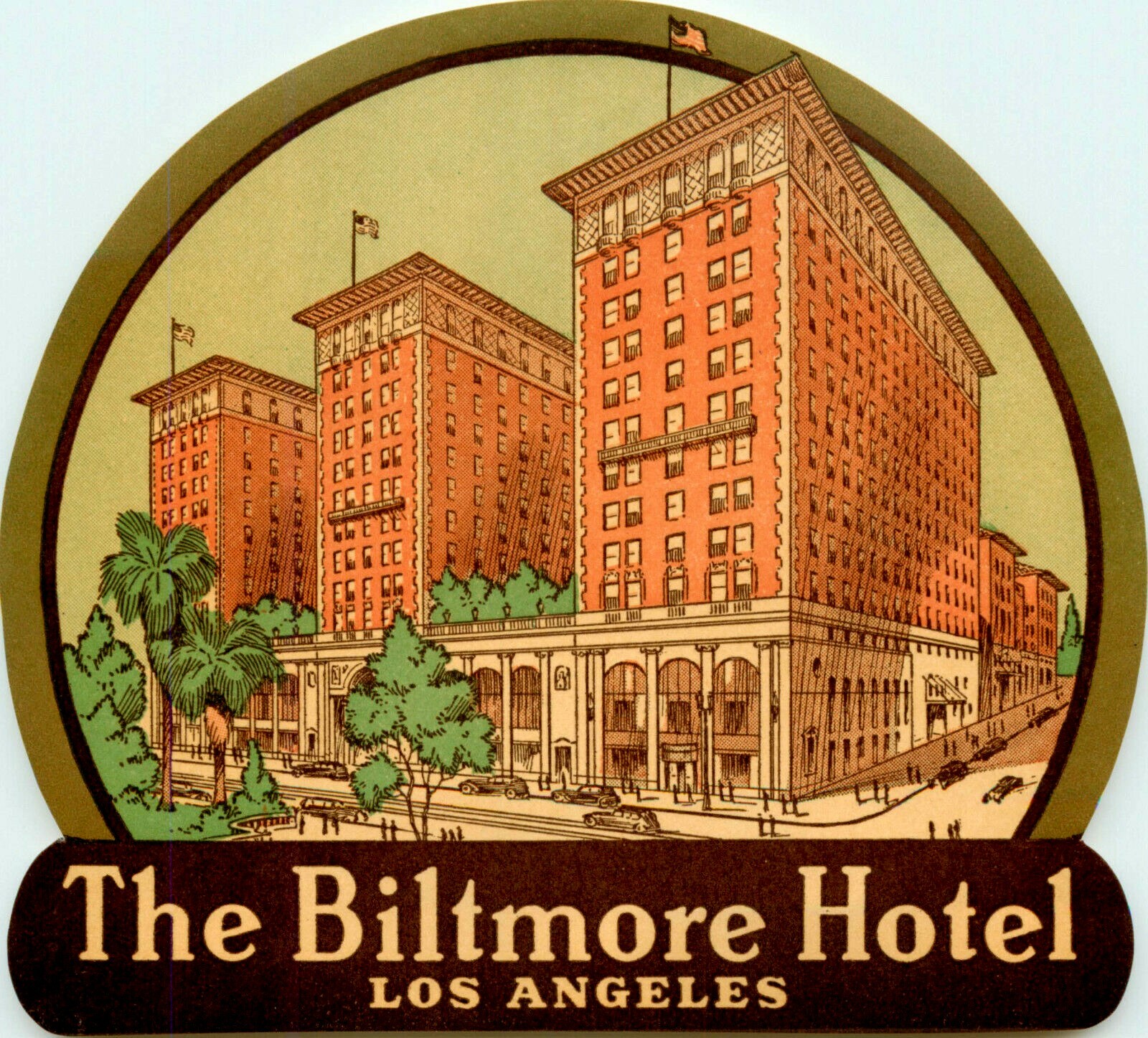 Biltmore Hotel ~LOS ANGELES CALIFORNIA~ Orig ART DECO Luggage Label, 1945 *MINT*