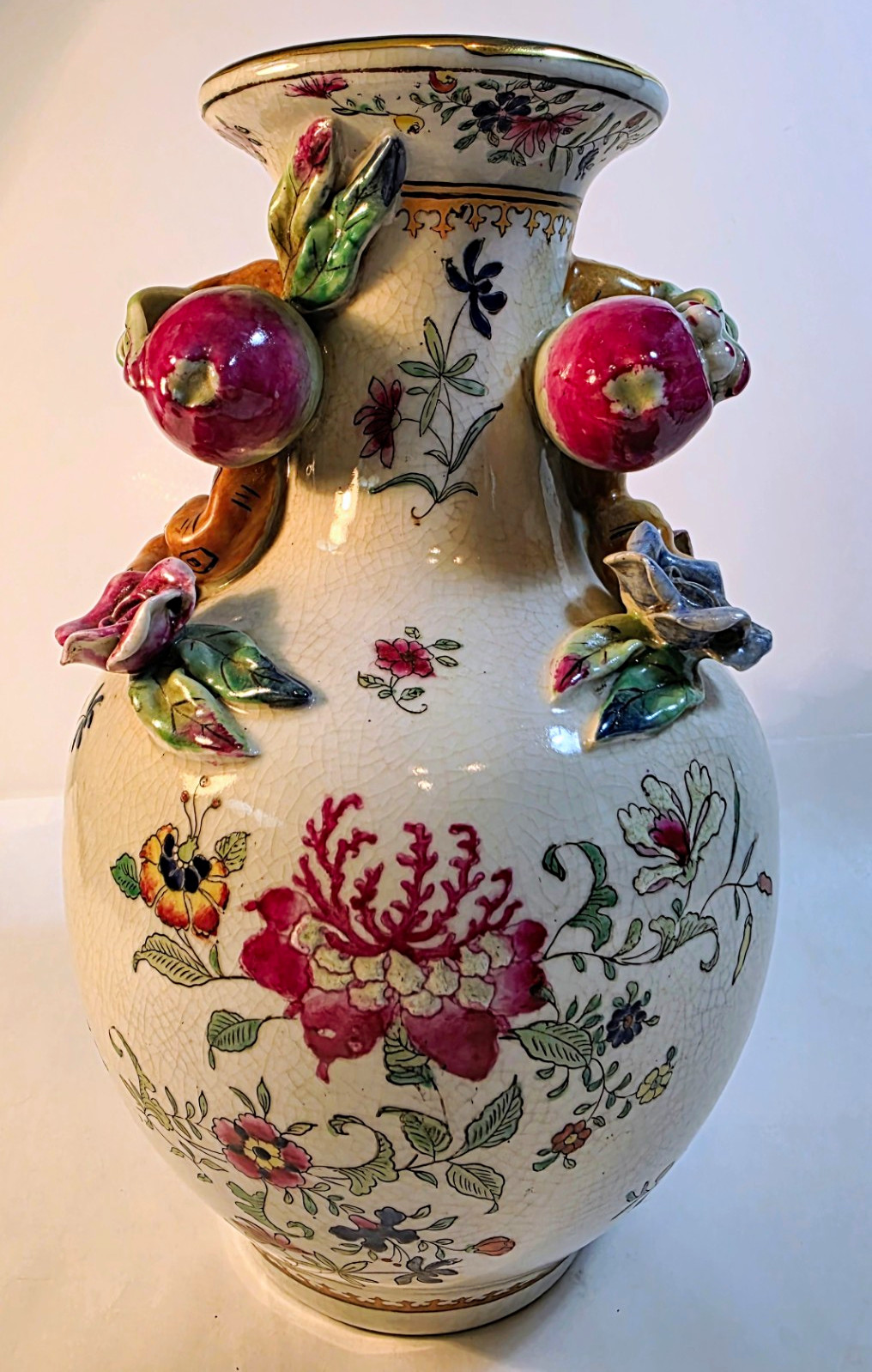 Vtg. JUWC 1897 New Fruits Crackle Glaze Ceramic Floral Pottery Vase, Crackled