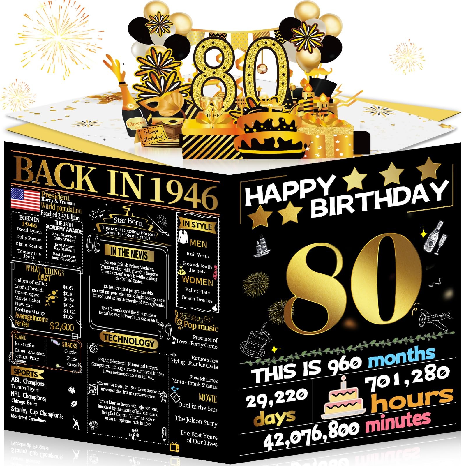 Joycard 80th Birthday Card for Women Men, 3D Pop Up Happy 80th-1946, Gold