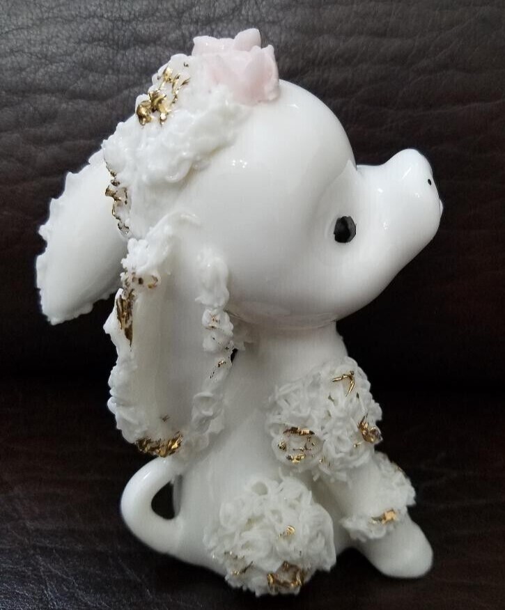 Spaghetti Poodle Figurine with Gold Trim and Pink Flowers on the Head