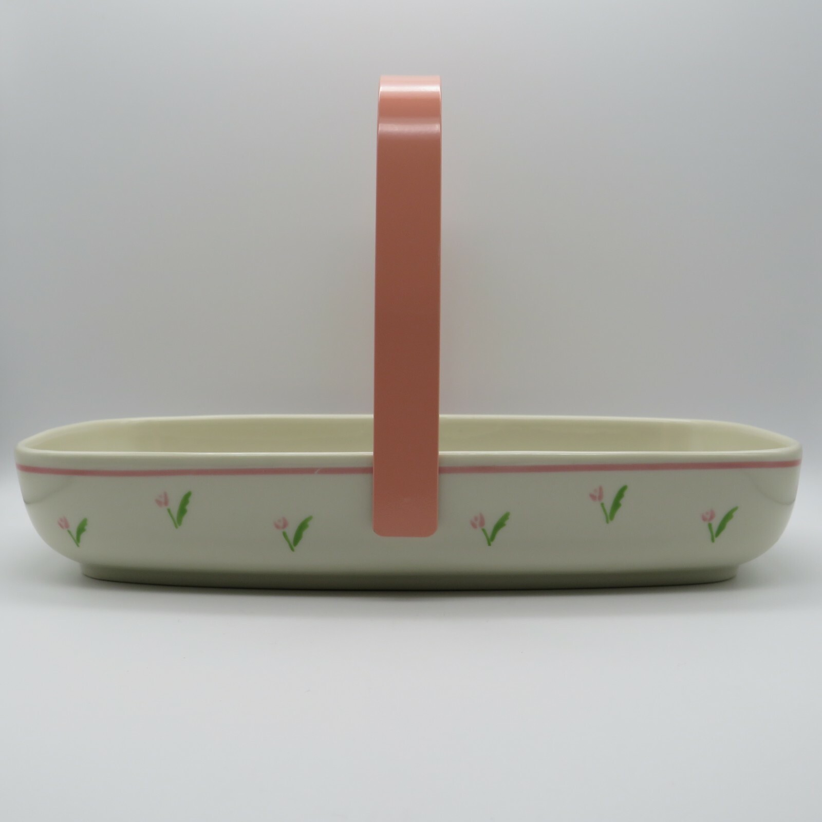 TELEFLORA 1985 Ceramic Porcelain Basket Pink Floral Design w/ Pink Metal Handle 