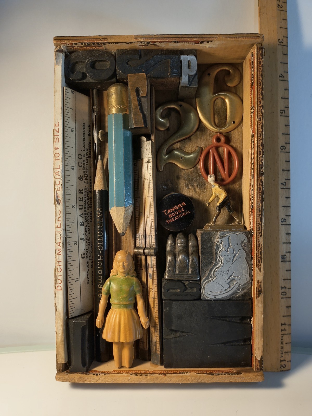 Handmade Vintage Rustic 1970s Shadow Box Curio Display Case - Antique Pencils -