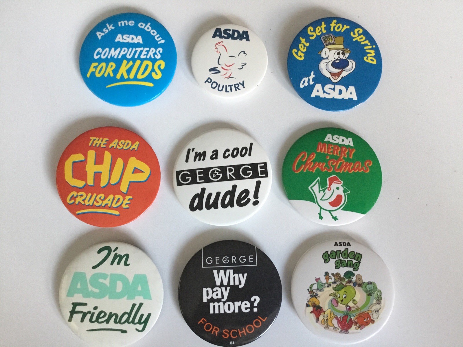 9 Vintage ASDA Supermarket Advertising Pin Badges Inc Garden Gang (T43)