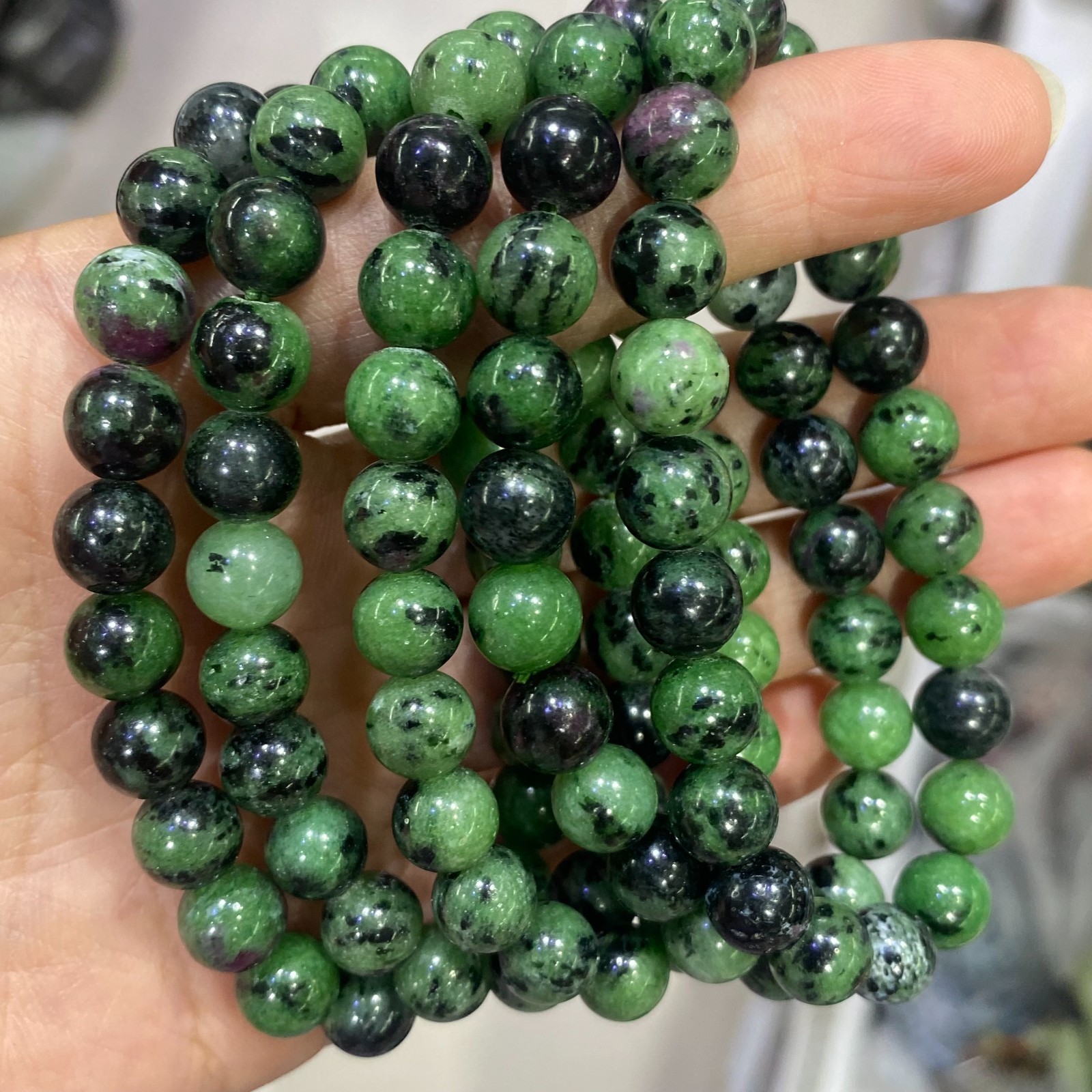 5pcs 8mm Natural Red And Green Treasure Quartz Stretch Bracelet