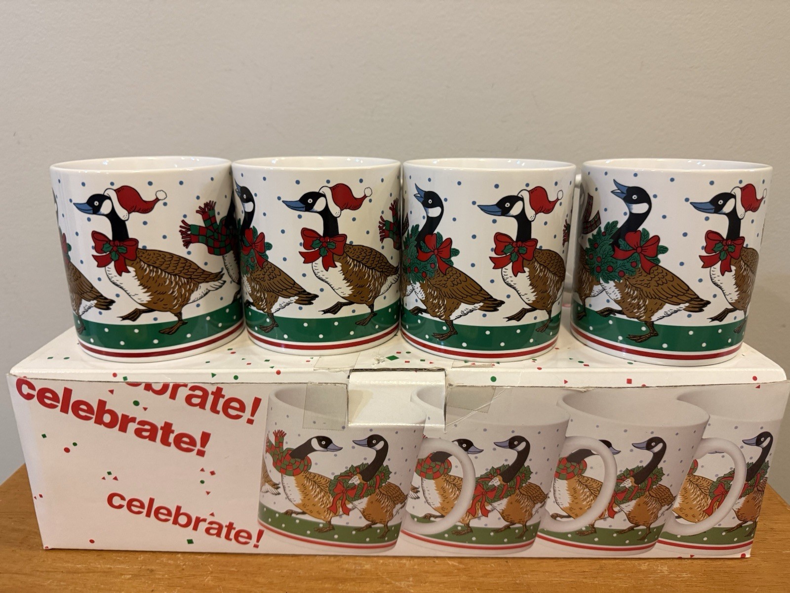 Vintage 1980s Christmas Geese Mug Set of 4 Original Box-Celebrate Holiday Japan