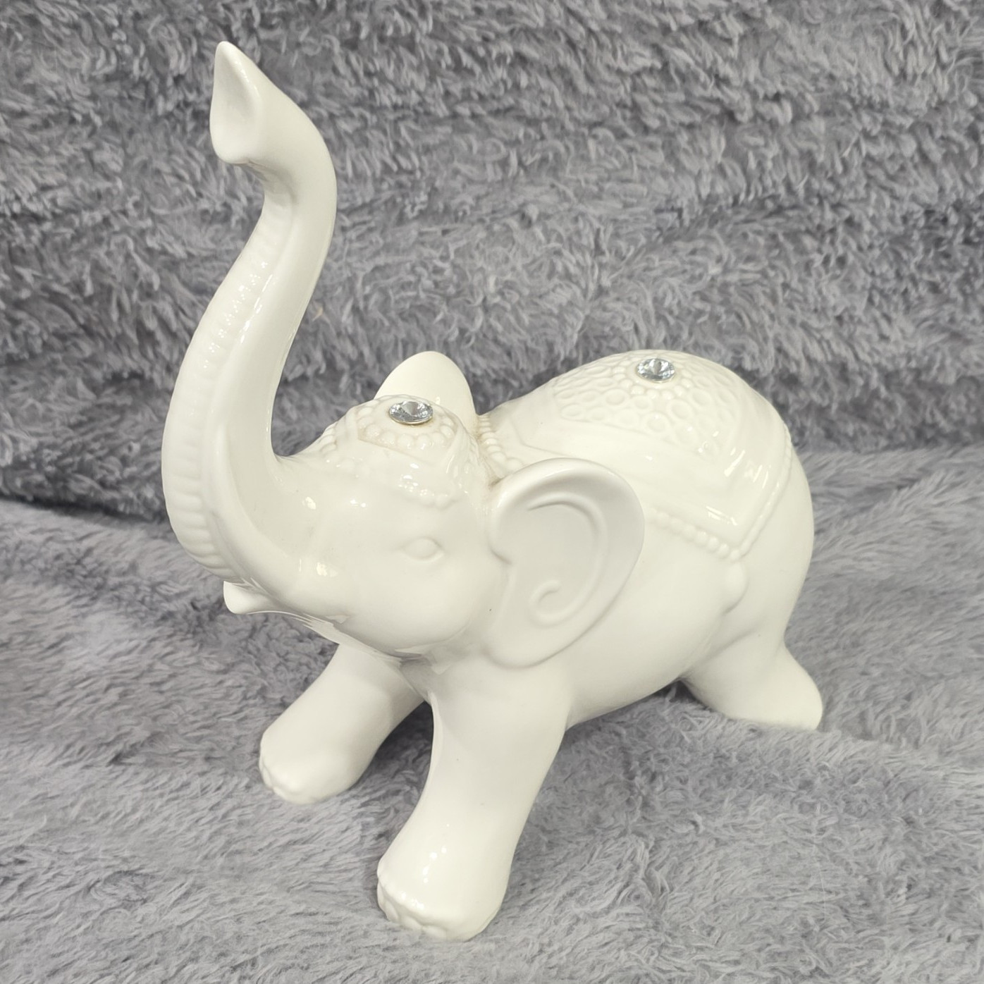White Porcelain Elephant Figurine, Raised Trunk, Rhinestone Accents, 11 in
