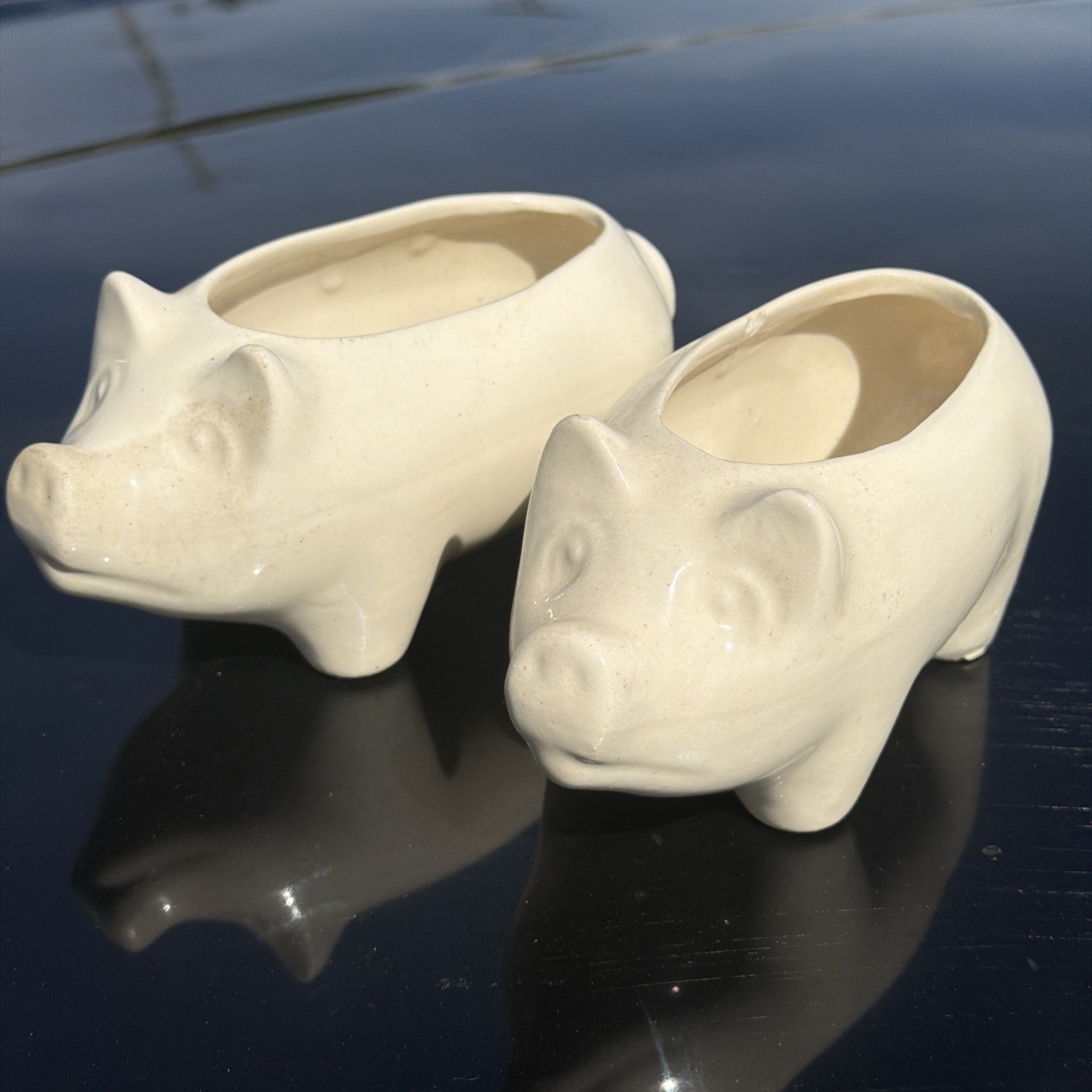 2 VTG Pig Piggy Ceramic Farmhouse Cottage Cream White Plant Planter 1950\'s 6\
