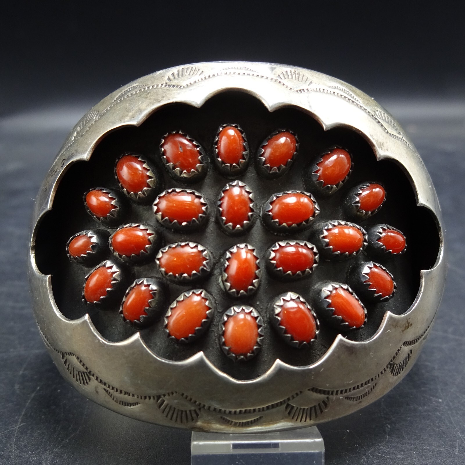 VINTAGE James McCabe NAVAJO Sterling Silver RED MED CORAL Cluster Cuff BRACELET