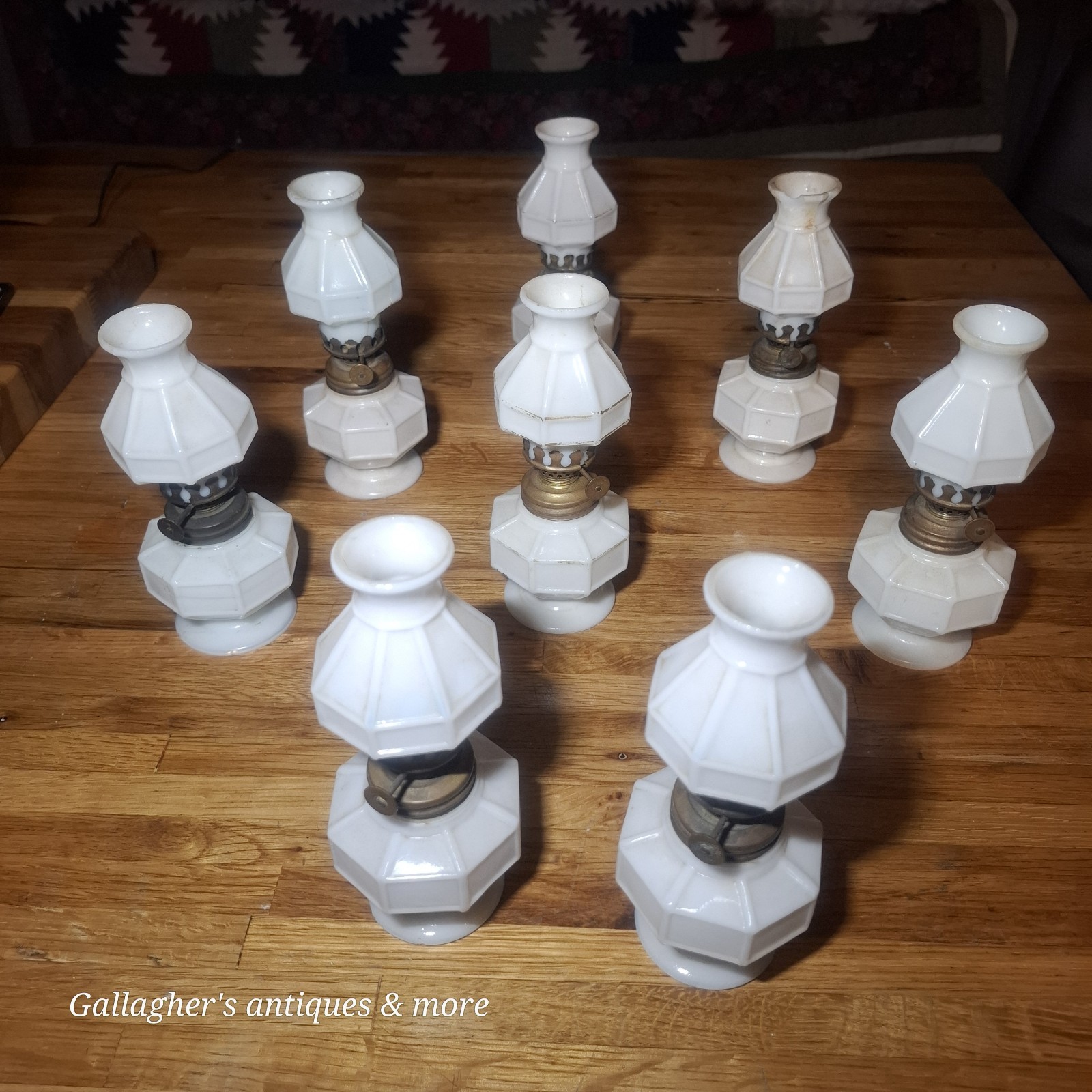Lot Of 8 Antique Miniature Oil Lamp Smith I Fig 192 Milk Glass Mission Block 
