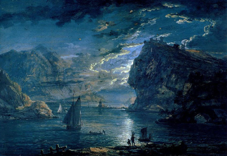 Oil painting seascape fishermen in moon night & sail boats canvas 36