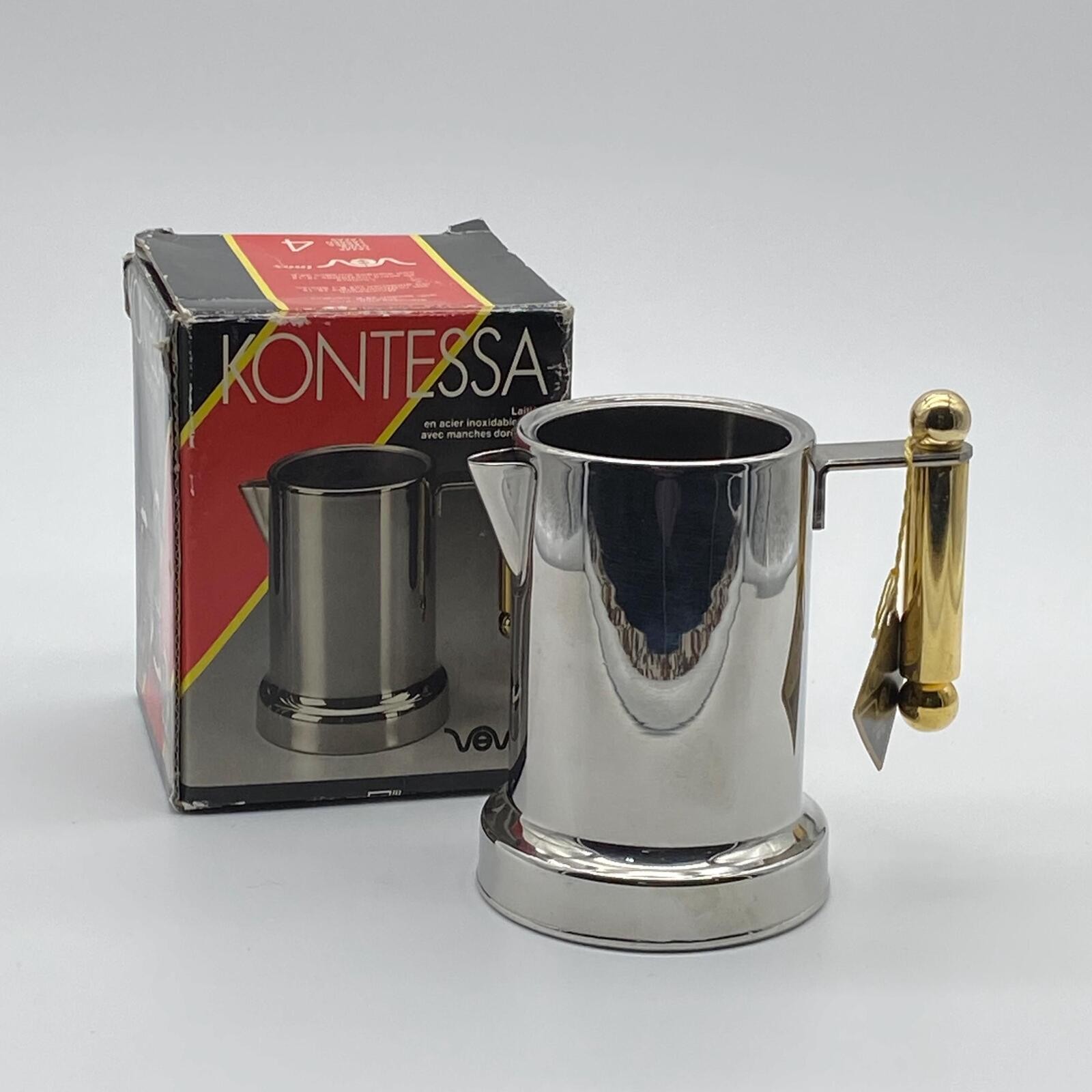 Vintage Vev Vigano Kontessa Creamer Italy INOX Gold Handle New in Box 1980s