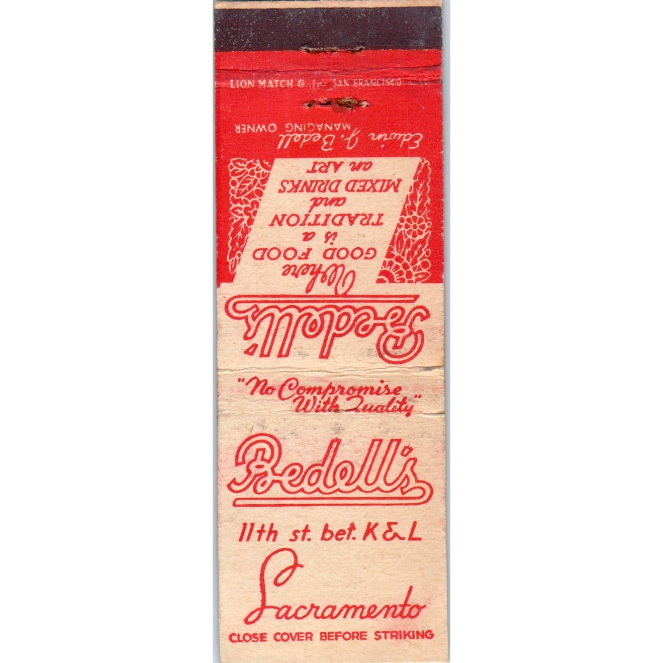 Bedell\'s Restaurant Sacramento CA Advertising Matchbook Cover MM9-2