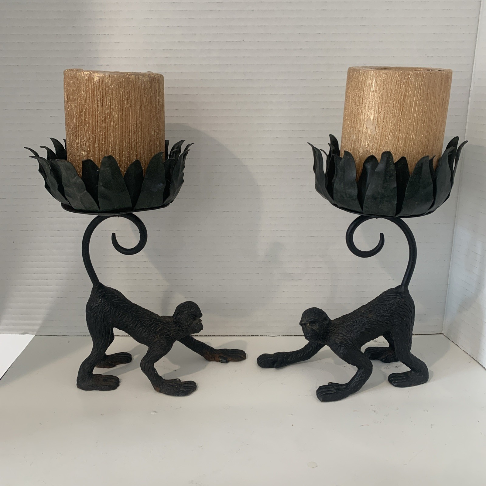Vintage Cast Iron Monkey Pillar Candle Holders Pair