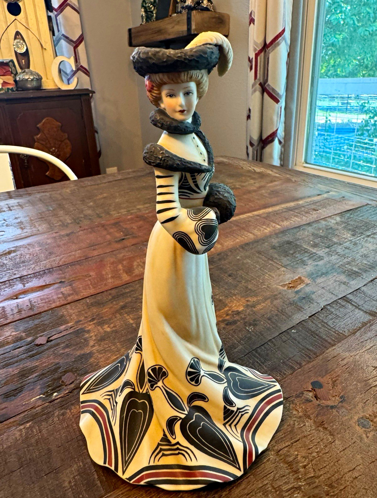 Hand Painted Ceramic Victorian Lady Figurine Abstract Pattern Dress White Black
