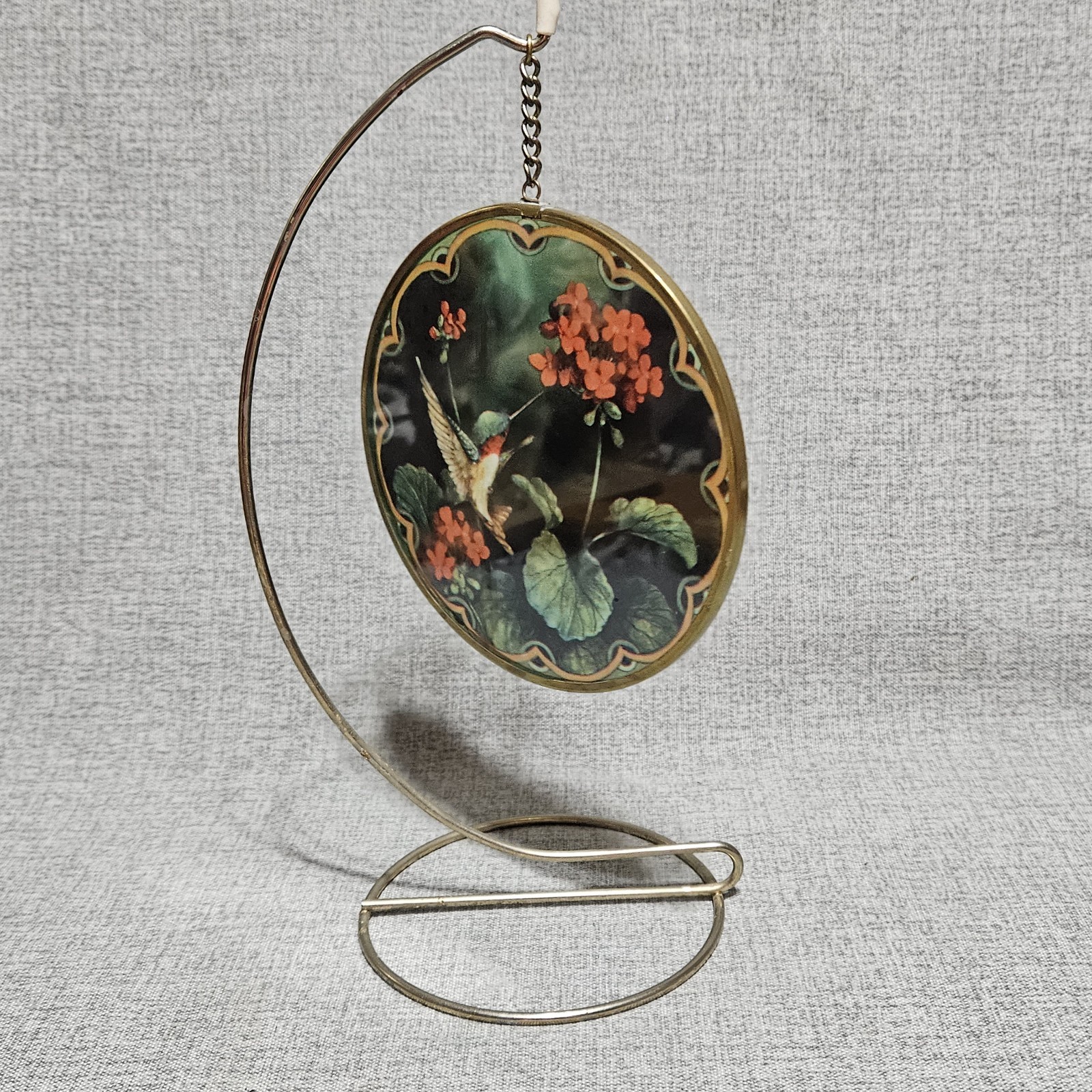 Vintage Hummingbird Red Flowers Stained Glass Sun Catcher Brass Frame Stand