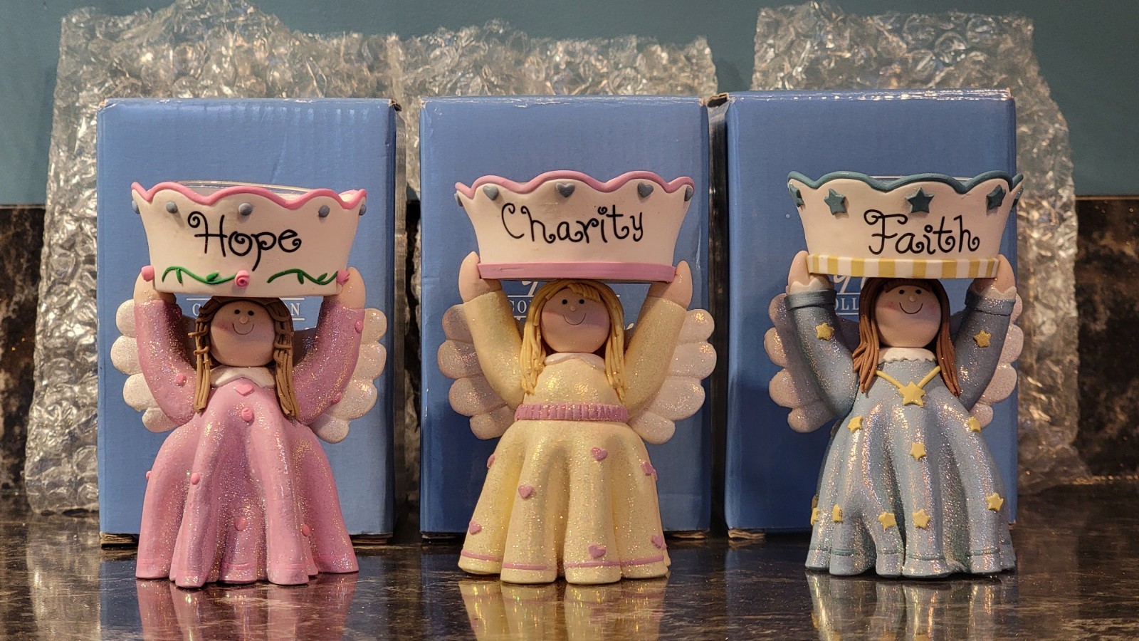 VTG 2003 Avon Angel Tealight Candle Holder Figure Set ( Hope - Faith - Charity )