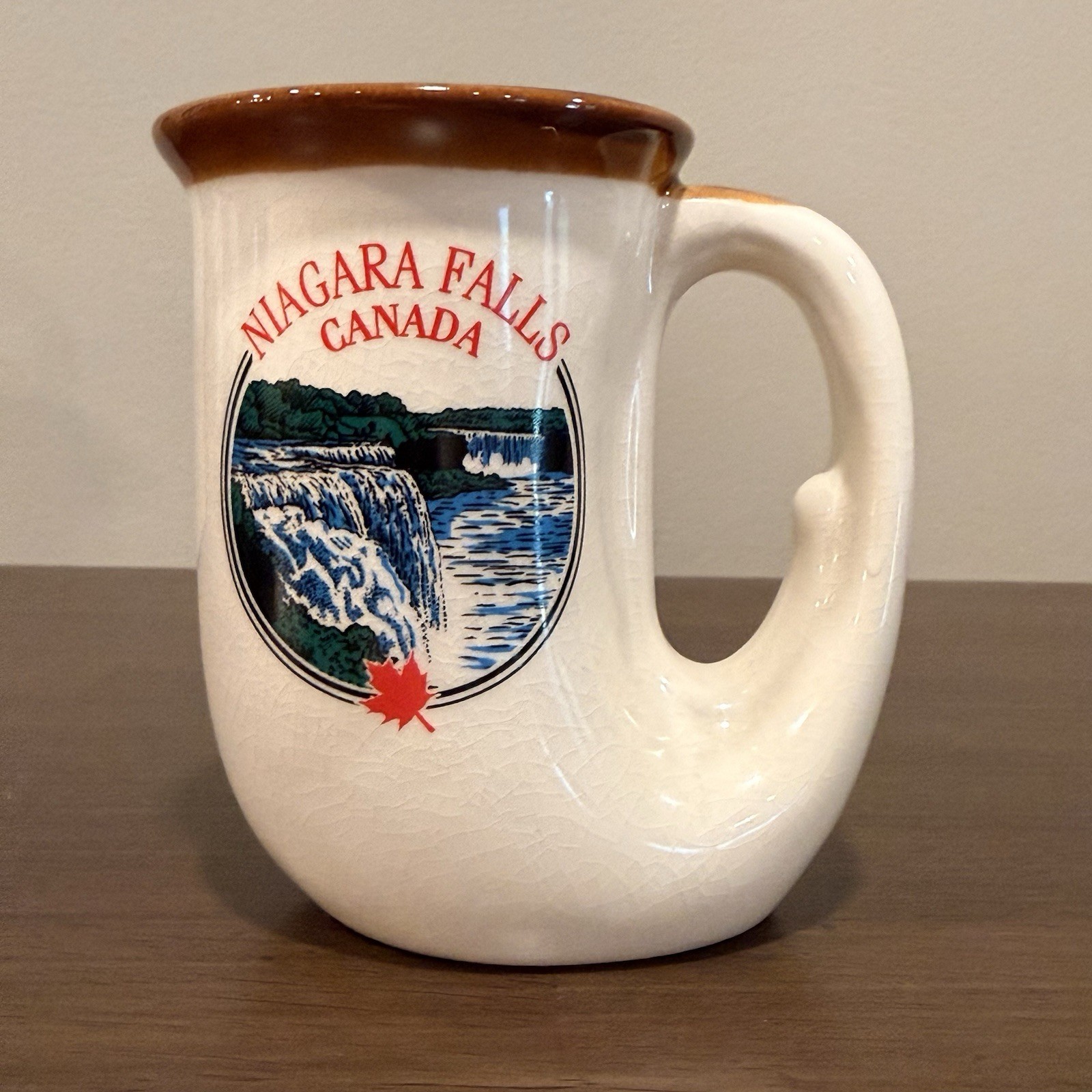 Vintage Niagara Falls Canada Souvenier Mug Ceramic Brown Rim Maple Leaf 4.25\