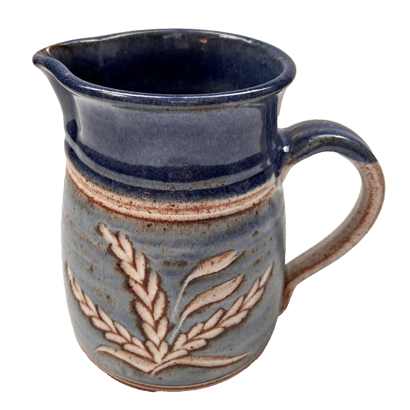 Studio Art Pottery Hand Painted Engraved Wheat Blue & Brown Pitcher/ Jug, Signed
