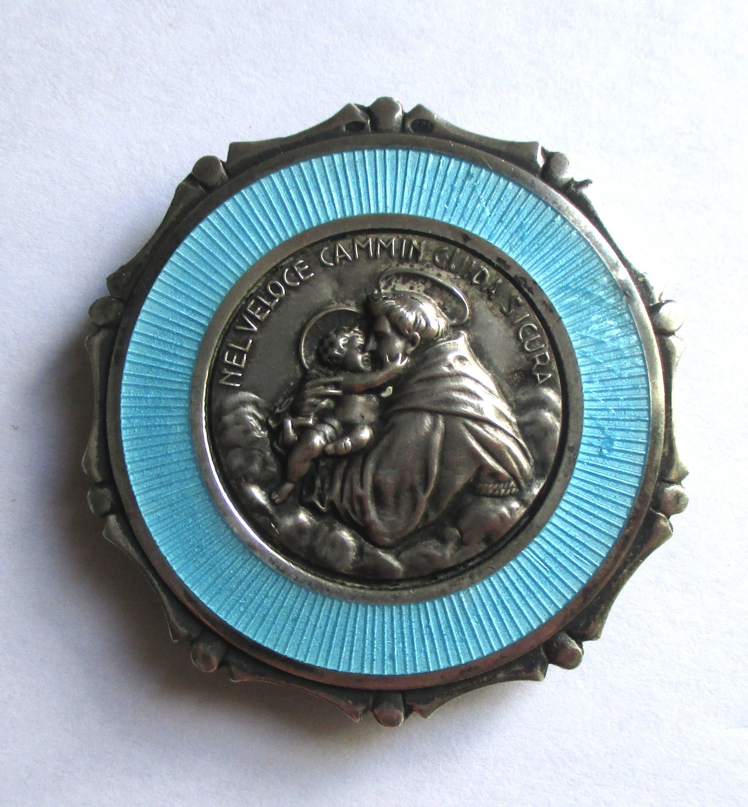 1.75in VINTAGE STERLING SILVER BLUE ENAMEL SAINT ANTHONY MEDAL MAGNETIC PLAQUE