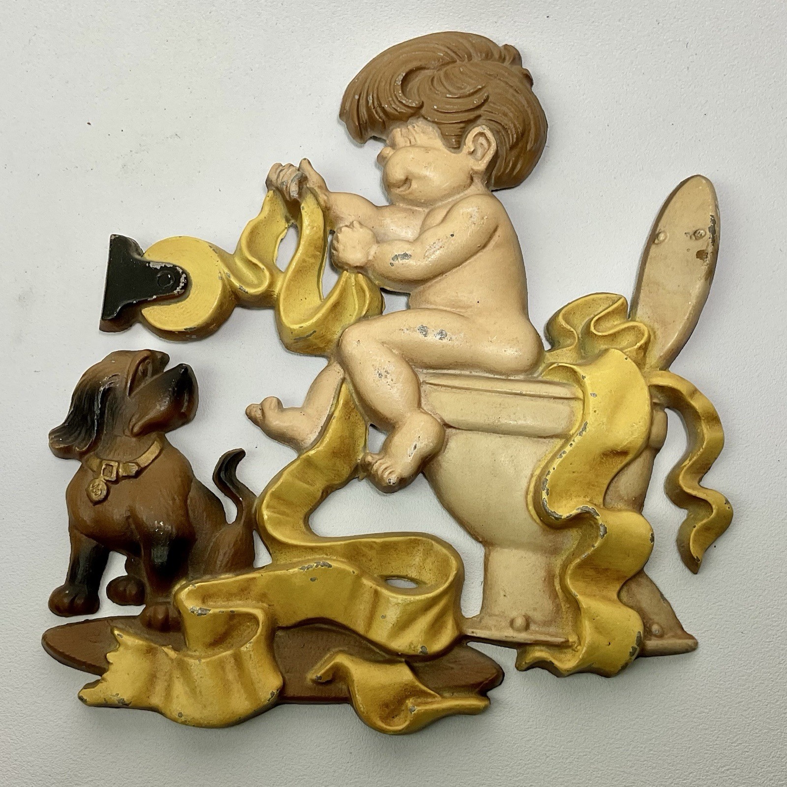 Vintage 1976 Sexton Metal Bathroom Wall Plaque Boy & Dog Wall Hanger USA