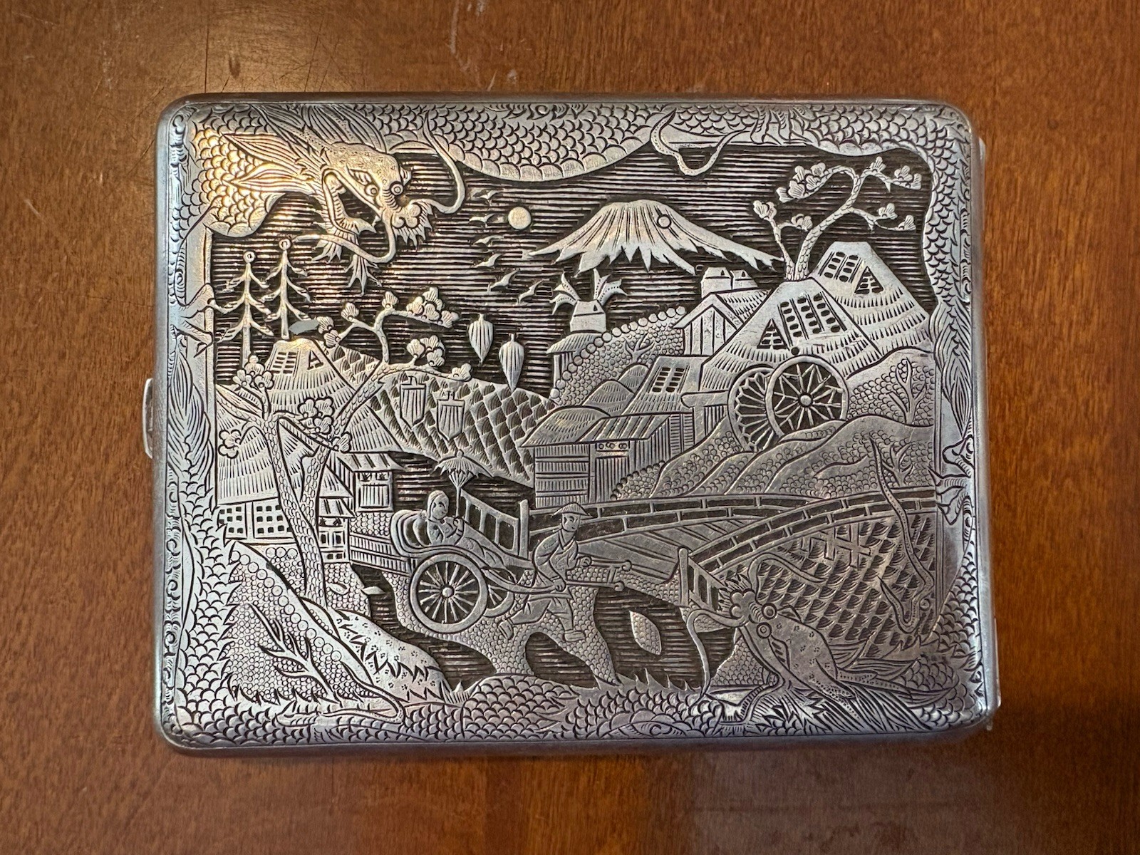 Antique Japanese TOKYO SOLID SILVER Case Dragon & Pagoda Scene 1900 Hand Engrave