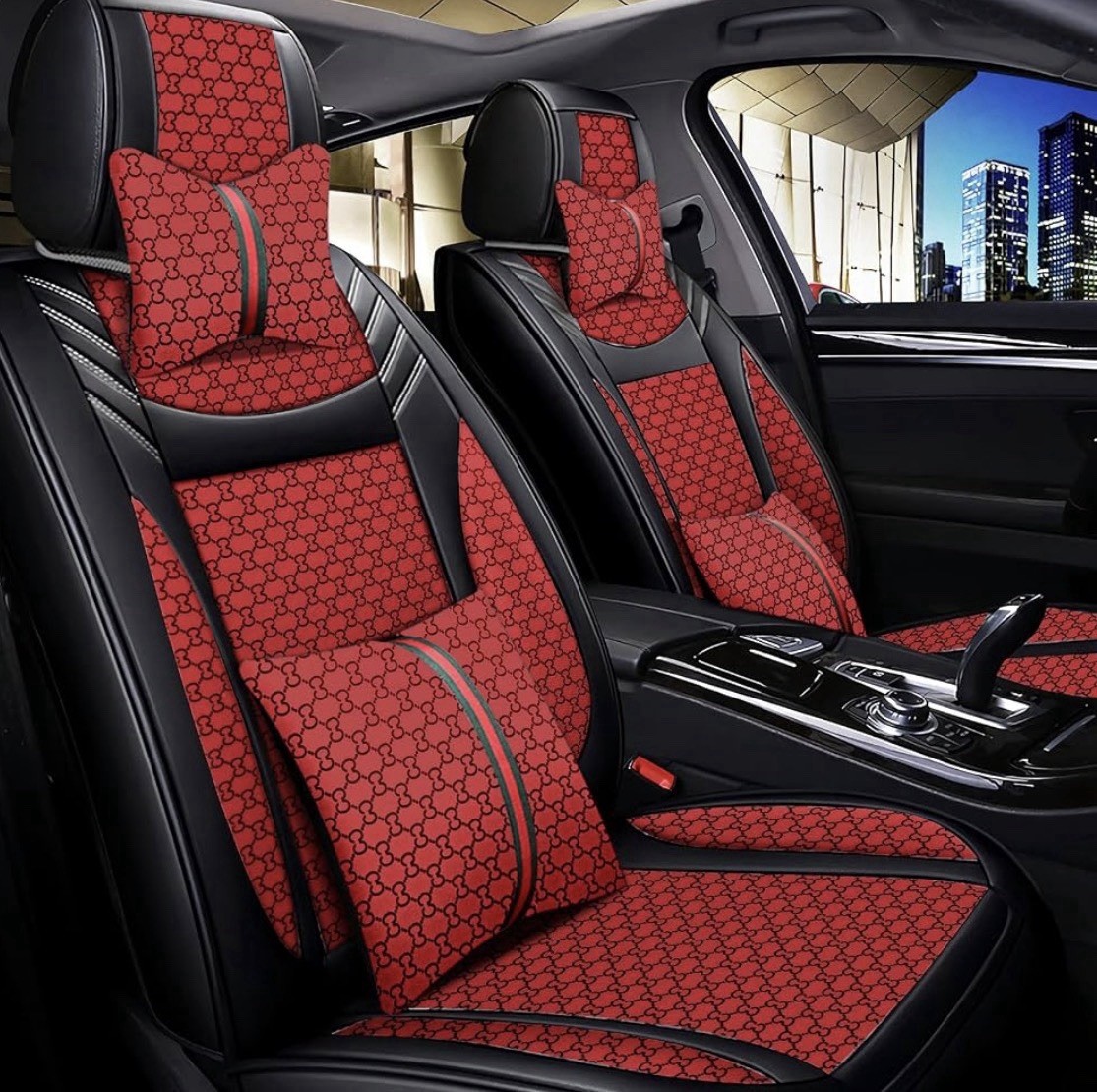 Universal Car Seat Covers 5-Piece Red Monogram Pattern Full Set Front Airbag Universal Car Seat Covers 5-Piece Red Monogram Pattern Full Set Front Airbag