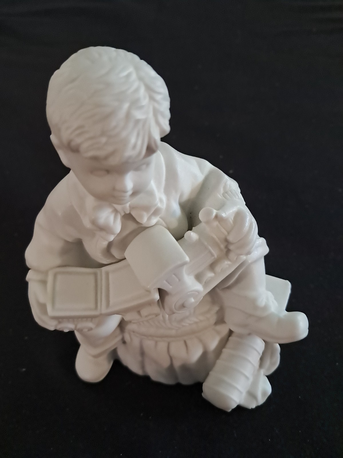 Vintage Dept 56 Winter Silhouette Boy with Train White Bisque Porcelain Figurine