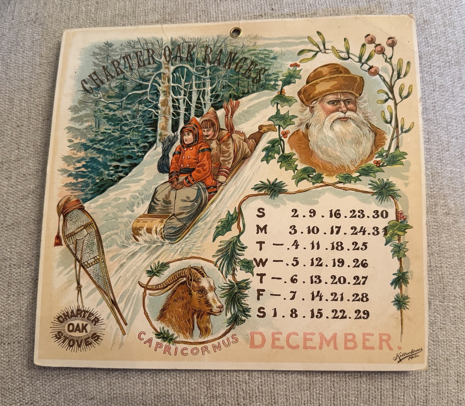 1888 Charter Oak Stoves Christmas Calendar Brown Coat Santa Claus Victorian