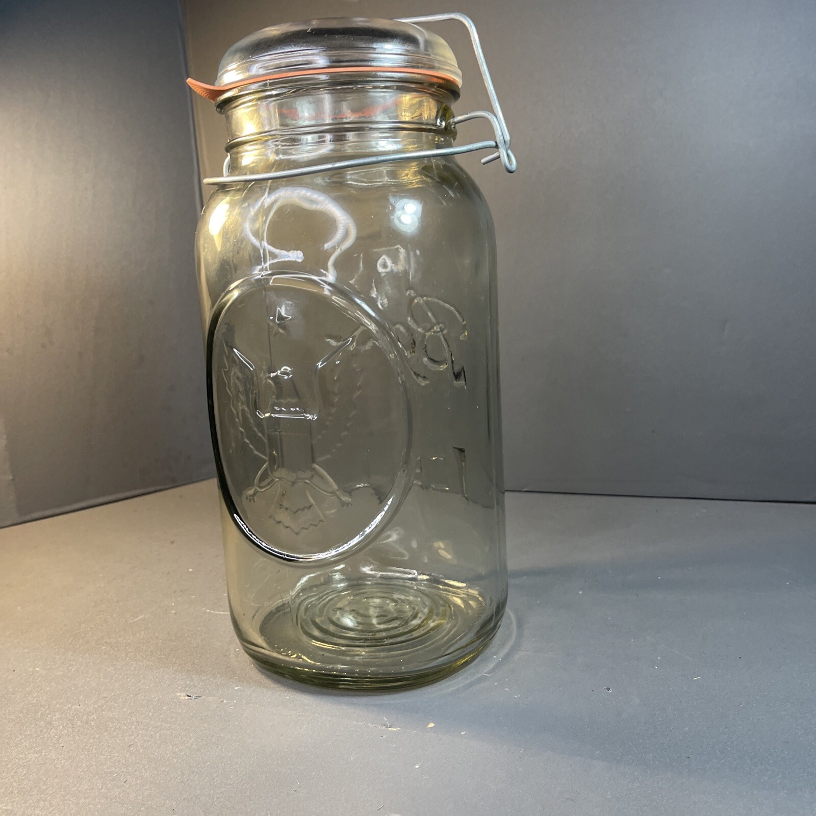 Vintage 12” Ball Ideal Mason Jar with Eagle and Star -  bale wire glass top