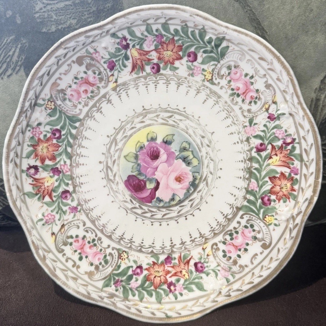Antique Dresden Hand-Painted Porcelain 9” Plate Floral Gilded Germany c1890s