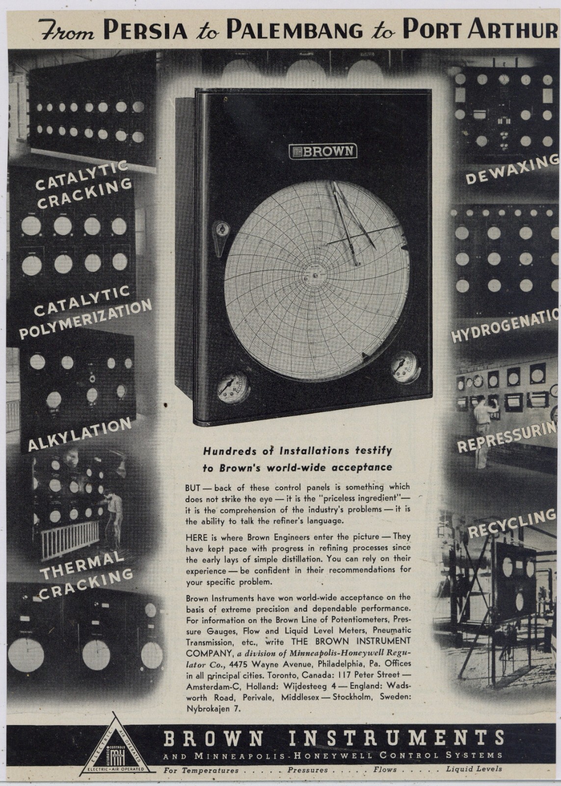 1941 Brown Instruments Ad: Oil Field Analysis Equipment, Catalytic Cracking +++