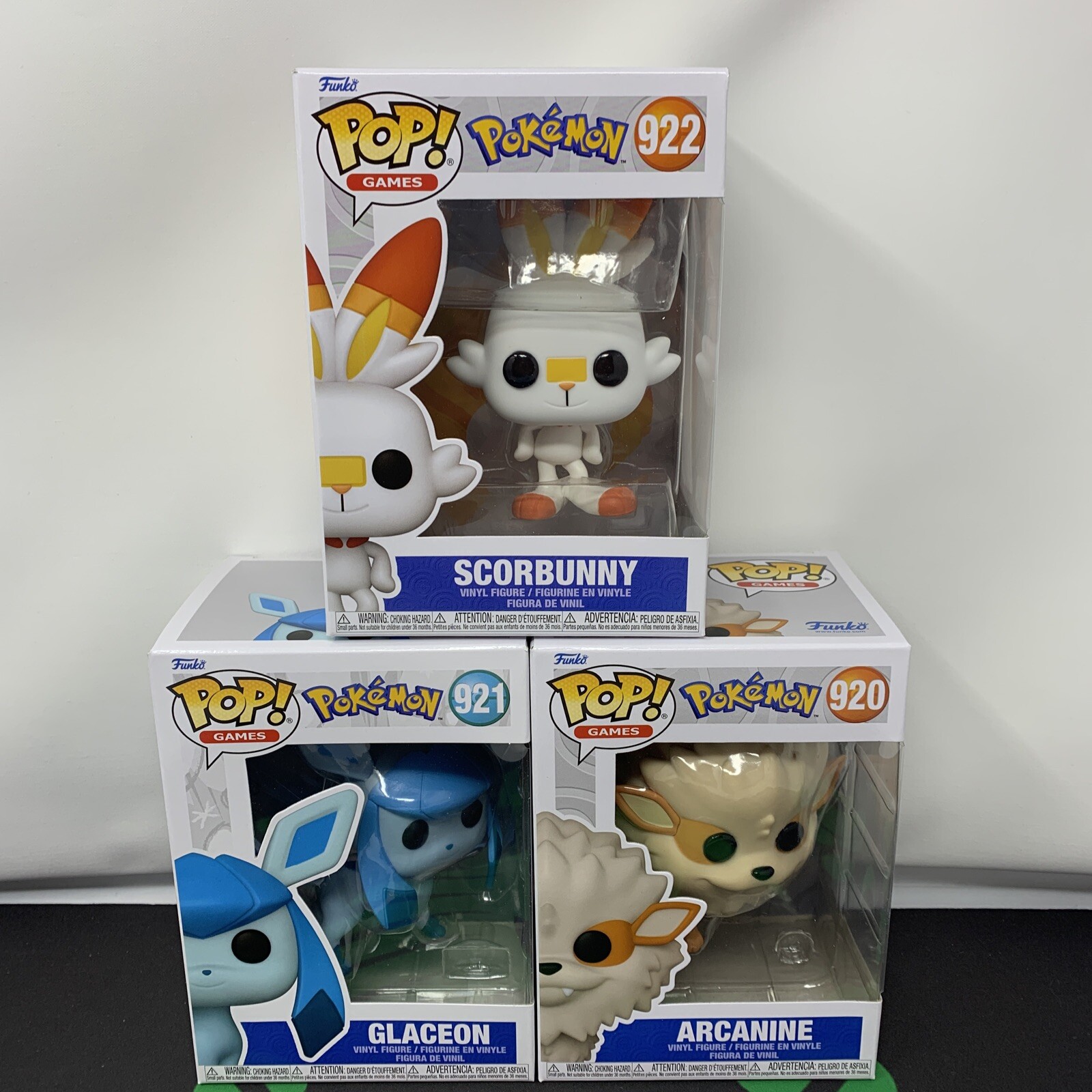 Funko Pop Pokémon Lot Arcanine #920 Glaceon #921 Scorbunny #922 Compete Set S12