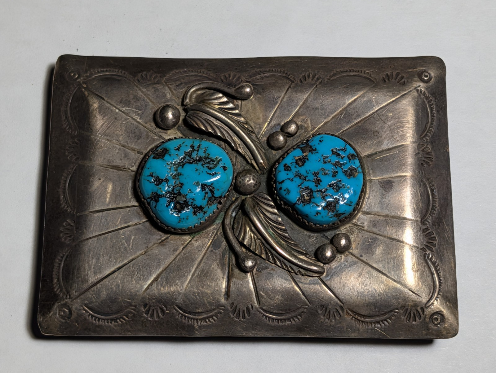 VINTAGE STERLING SILVER NATIVE AMERICAN TURQUOISE NAVAJO ? SIGNED BELT BUCKLE