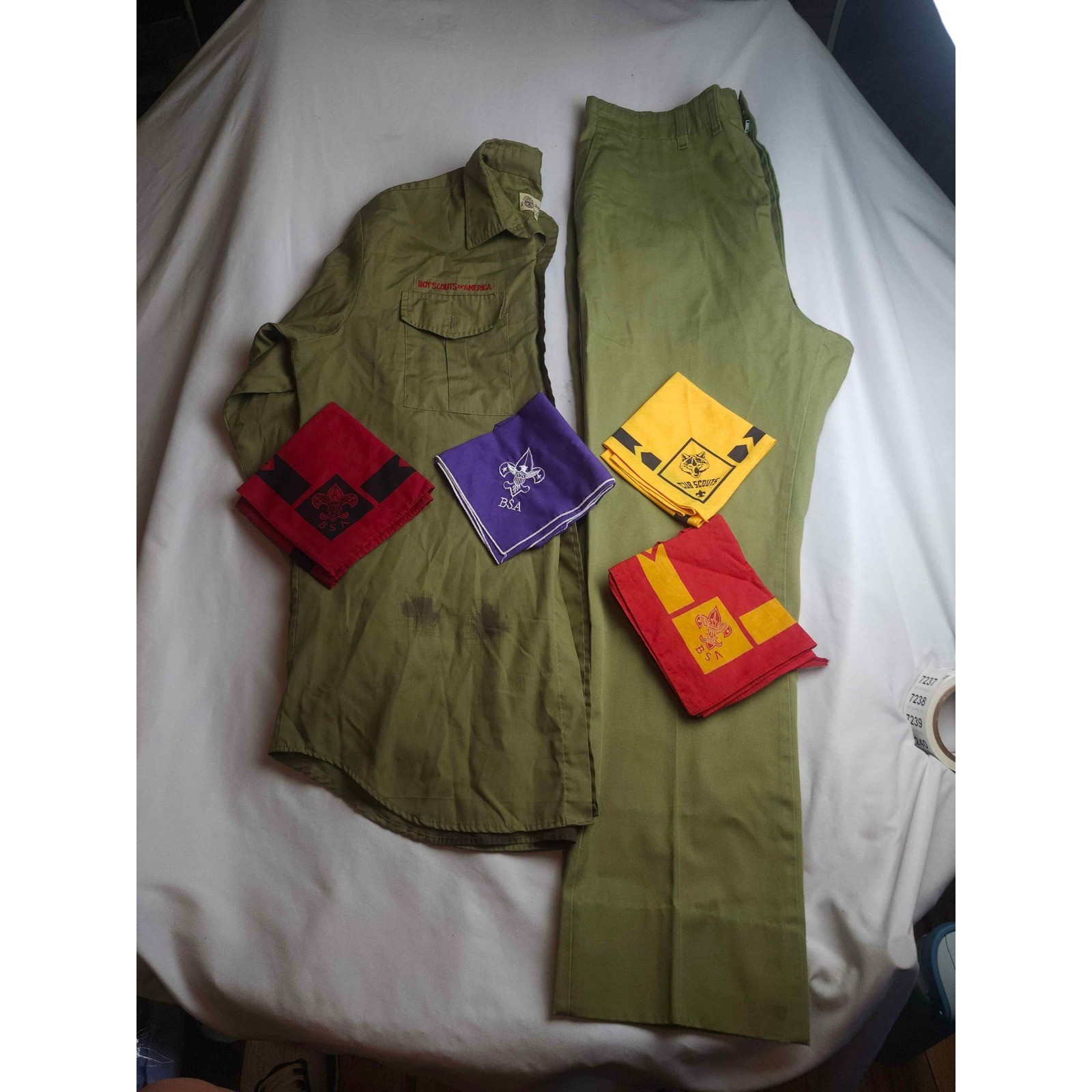Vintage Boy Scouts of America Uniform Set Shirt Pants Neckerchiefs Green 16 Neck